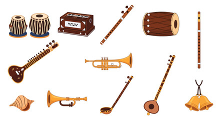 A collection of various musical instruments including drums, stringed instruments, wind instruments, and bells.