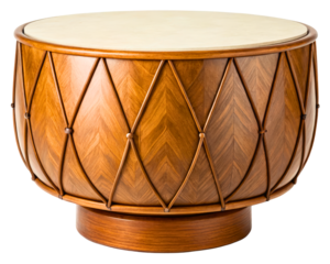 Wooden drum-shaped table with chevron and diamond patterns on a transparent background