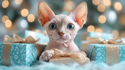 A cute bald sphynx kitten sits among vibrant birthday gifts, its big eyes capturing attention in a warm, inviting atmosphere filled with soft light.