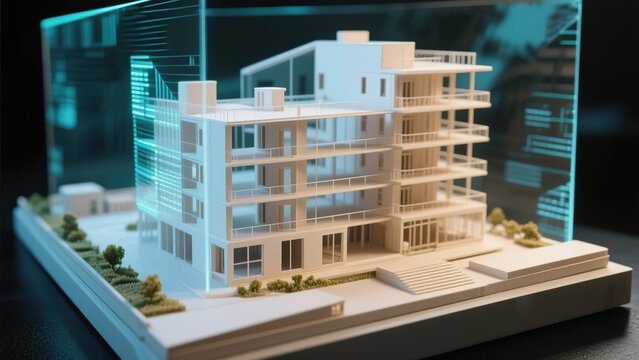 Architectural Model of a Modern Multi-Story Building with Digital Overlay