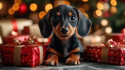 Cute dachshund puppy sits near beautifully wrapped birthday presents in a cozy setting with soft light