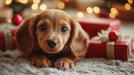 Cute dachshund puppy sits near beautifully wrapped birthday presents in a cozy setting with soft light