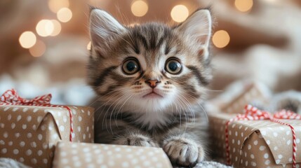 A cute fluffy kitten is playfully situated among beautifully wrapped birthday gifts, complemented by a soft and warm light background that enhances the festive mood.