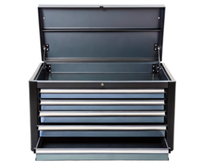Large black metal tool chest with open lid and five sliding drawers on a transparent background