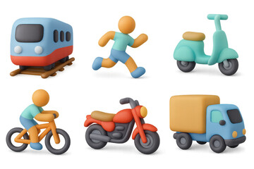 Playful transportation icons set featuring cute cartoon vehicles and characters
