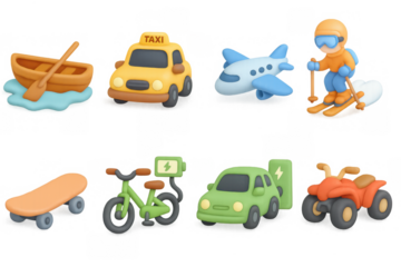 Variety of transportation modes in 3d cartoon style featuring land, water, and air vehicles