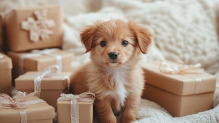 Cute puppy surrounded by birthday gifts in a softly lit festive setting filled with warmth and joy