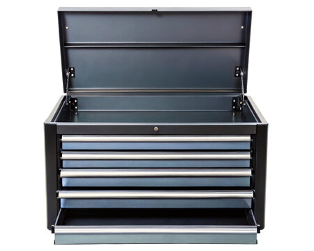 Large black metal tool chest with open lid and five sliding drawers on a transparent background