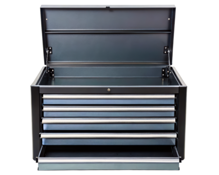 Large black metal tool chest with open lid and five sliding drawers on a transparent background