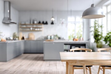 Fototapeta premium Blurred modern kitchen with wooden dining table