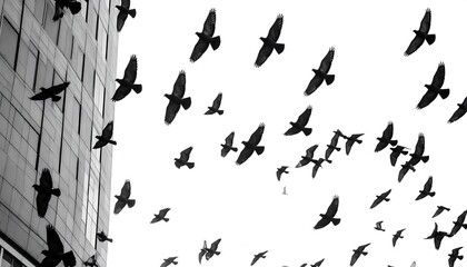 A flock of birds soaring above a building