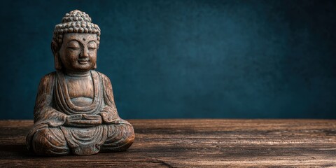 Serene Buddha statue on a rustic wooden surface, inviting tranquility