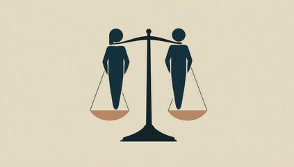 A minimalist illustration depicts gender equality using a balanced scale with stylized figures of a woman and a man