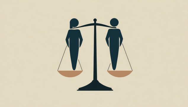 A minimalist illustration depicts gender equality using a balanced scale with stylized figures of a woman and a man