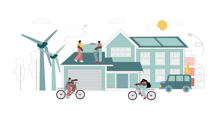 Ecology and green energy concept. Eco-friendly traditional house. Green energy concept. Energy from...