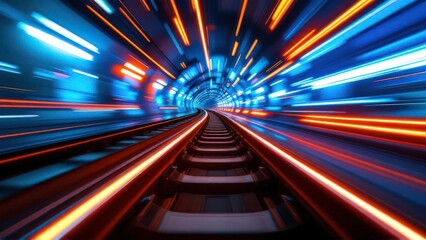 Speeding through a futuristic glowing tunnel on the train tracks with light streaks