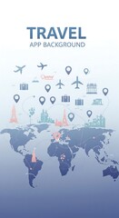 Fototapeta premium Conceptual travel app background with world map airplane icons and tourist destination locations for digital design