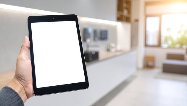 A person stands confidently, holding an iPad with a blank white screen, showcasing the device against a softly blurred background, emphasizing its sleek design.