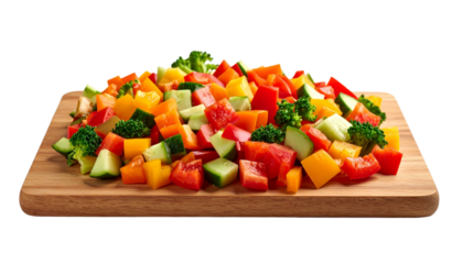 Close up Colorful Chopped Vegetables on Wooden Board, Isolated on Transparent Background