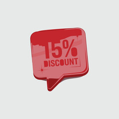 3D Red 15% Discount Label – Promotional Sale Icon in Speech Bubble Style on White Background

