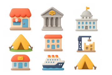 Colorful 3d city icons collection featuring buildings and landmarks in playful cartoon style