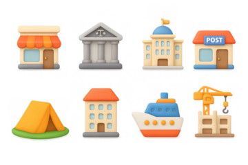 Cute cartoon style 3d buildings and objects collection for design projects