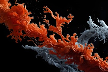 Abstract Ink Flow in Orange and Gray on Black Background