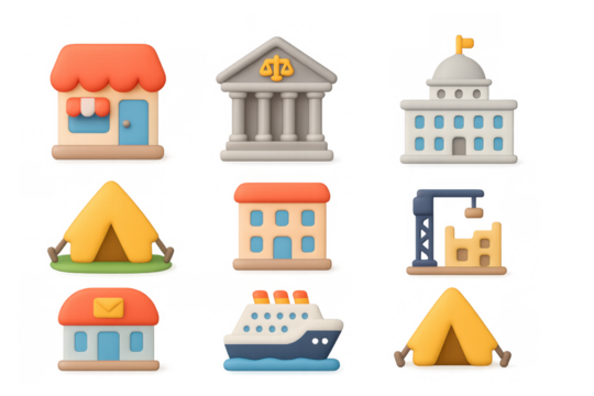 Colorful 3d city icons collection featuring buildings and landmarks in playful cartoon style