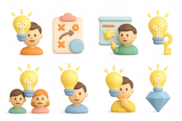 Creative brainstorming concepts with light bulbs and strategy icons in 3d cartoon style