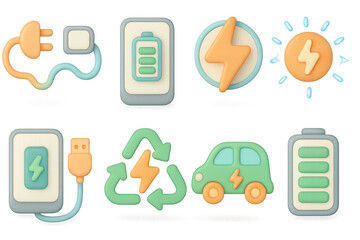 3d icons of renewable energy and electric vehicles in soft pastel colors