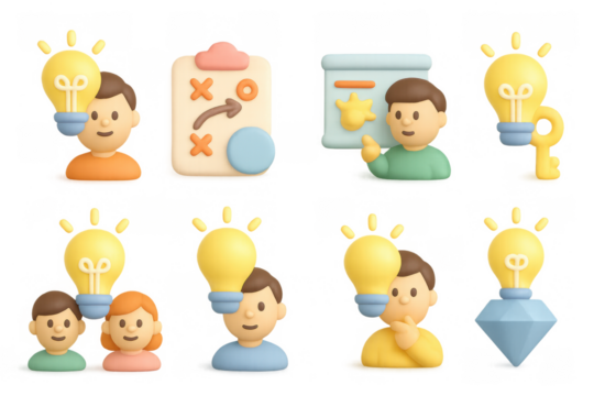 Creative brainstorming concepts with light bulbs and strategy icons in 3d cartoon style