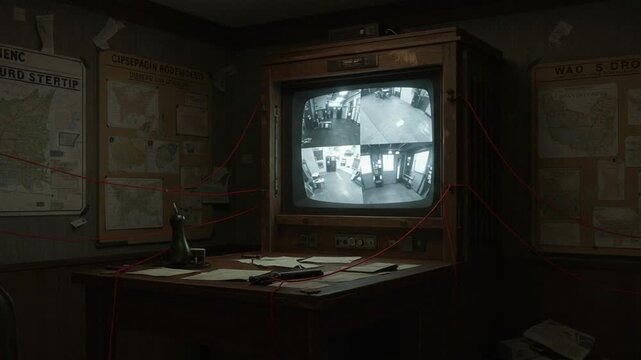Surveillance Room: Vintage Monitor Displays Security Camera Feeds Maps  Red String.