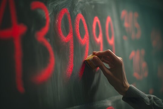 A person's hand carefully erases large red spray-painted numbers from a dark chalkboard, symbolizing correcting a mistake or changing a price. - Powered by Adobe