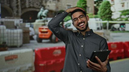 Naklejka premium Smiling young man holding tablet at construction site with urban background and colorful barriers, embodying professional outdoor setting.