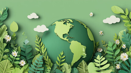 Green world paper cute style with Copy space, Earth day banner and World Environment day concept. Generative Ai