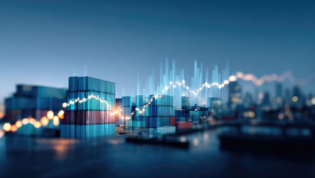 A nighttime cityscape with shipping containers overlaid by a dynamic graph illustrating fluctuating market trends