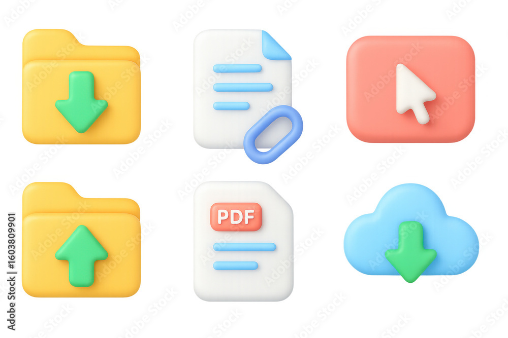 Poster 3d file and cloud icons with folder, document, and cursor elements for digital applications