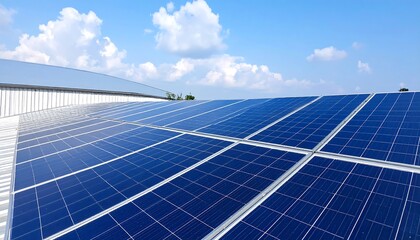 Solar panels on roof with blue sky.
