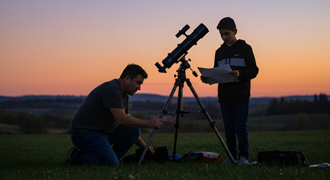Father and son setting up a telescope at sunset