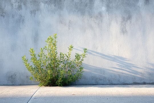 Green plant growing against a textured concrete wall, casting soft shadows on the ground, symbolizing resilience and nature's beauty in urban spaces
