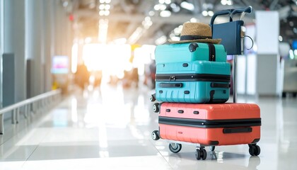 Stacked suitcases at airport.