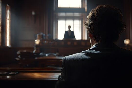 Facing the law, a person sits in a grand, shadowy courtroom before the judge's bench, contemplating justice and the verdict.