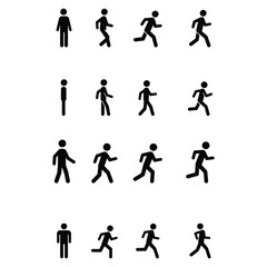 Human Motion Icons Set - Walking and Running Silhouettes in Flat Style