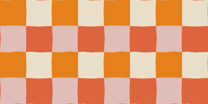 Bright orange checkerboard seamless hand-drawn pattern