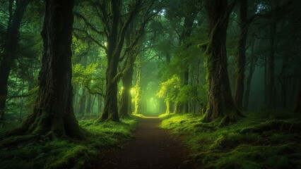 Naklejka premium Mystical Forest Pathway Illuminated by Soft Light