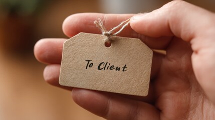 Close-up of hand holding kraft paper tag with “To Client” text tied with twine ideal for business holiday gifting, corporate packaging and client appreciation during New Year season