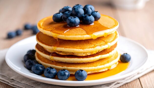 Stack of pancakes topped with blueberries and syrup