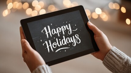 Tablet screen displaying “Happy Holidays” in festive handwritten font with glowing Christmas lights in background perfect for digital holiday greetings and seasonal business messages
