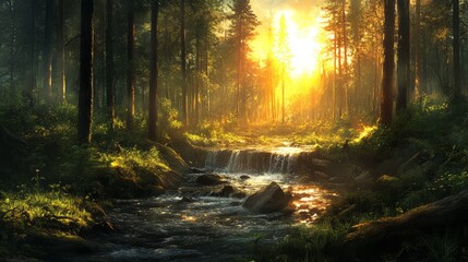 Fototapeta premium Sunlit Serenity in Forest: Sunlight streams through a lush forest, illuminating a tranquil stream, offering a serene glimpse of nature's beauty, evoking a sense of peace and wonder.