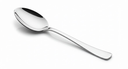 A single, shiny, silver spoon is displayed on a plain white background, capturing its elegant curve and reflective surface.